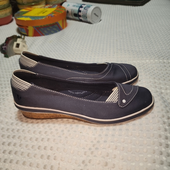 Grasshoppers Shoes - GRASSHOPPERS EUC WOMENS SZ 9 BLUE WEDGE NAUTICAL CORK HEEL SLIPON SHOES